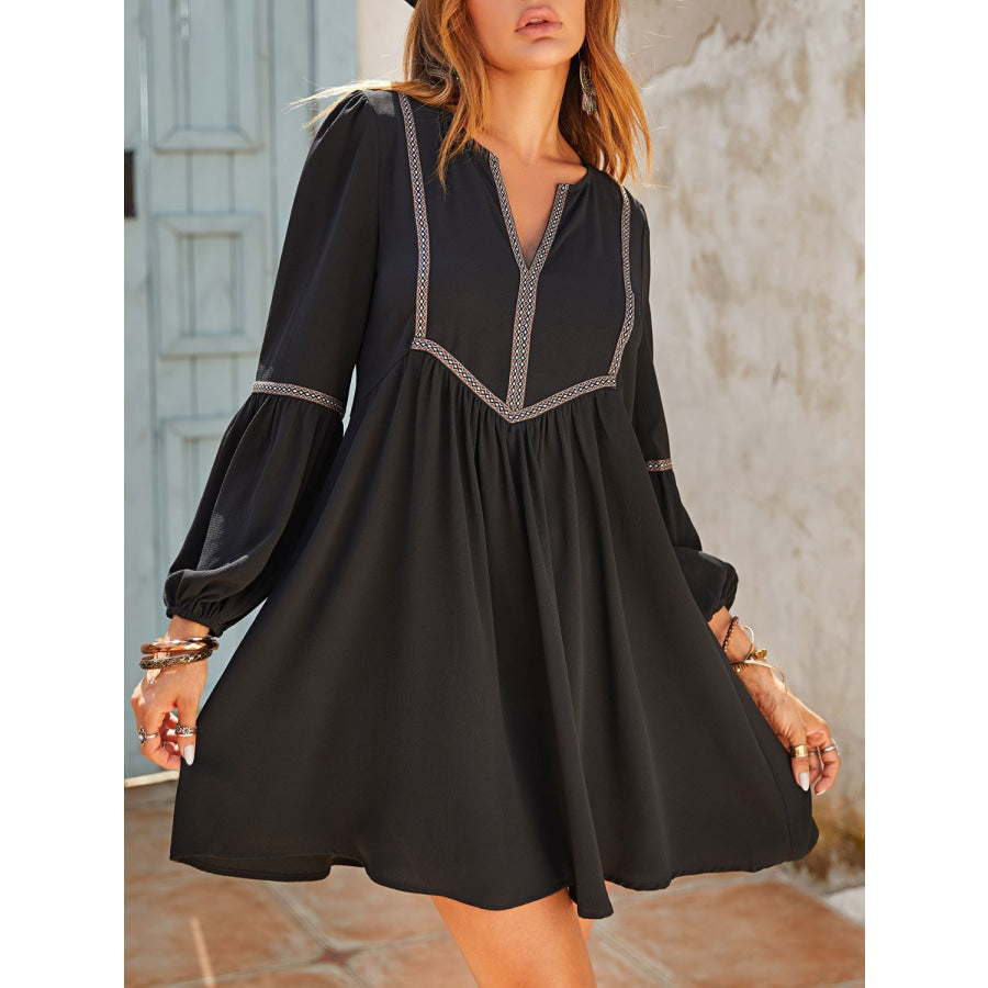 Ruched Notched Long Sleeve Mini Dress Black / S Apparel and Accessories