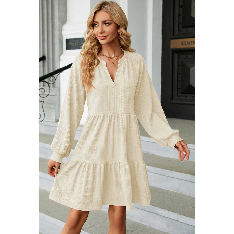 Ruched Notched Long Sleeve Mini Dress Cream / S Apparel and Accessories