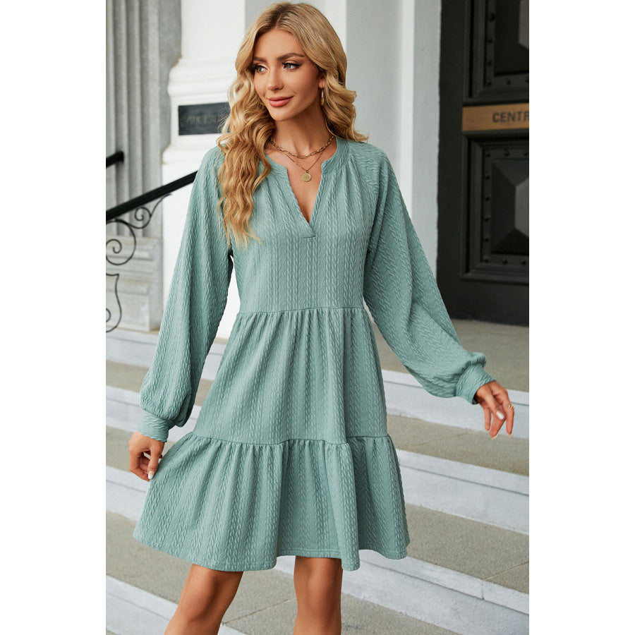 Ruched Notched Long Sleeve Mini Dress Gum Leaf / S Apparel and Accessories