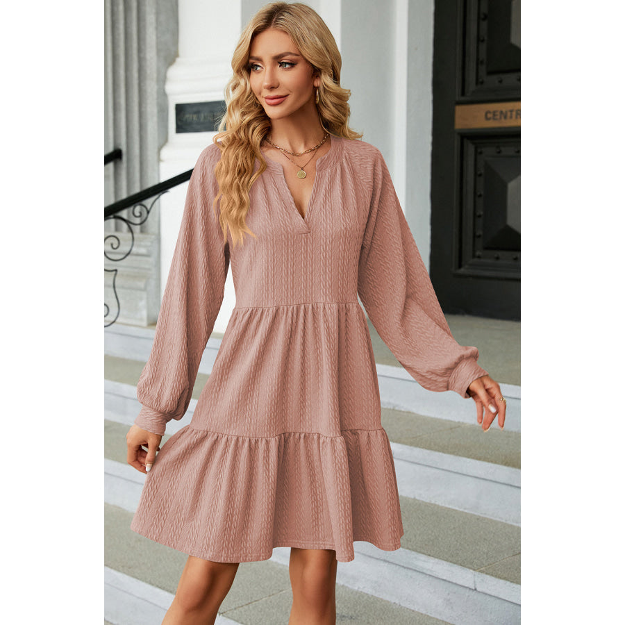 Ruched Notched Long Sleeve Mini Dress Light Mauve / S Apparel and Accessories