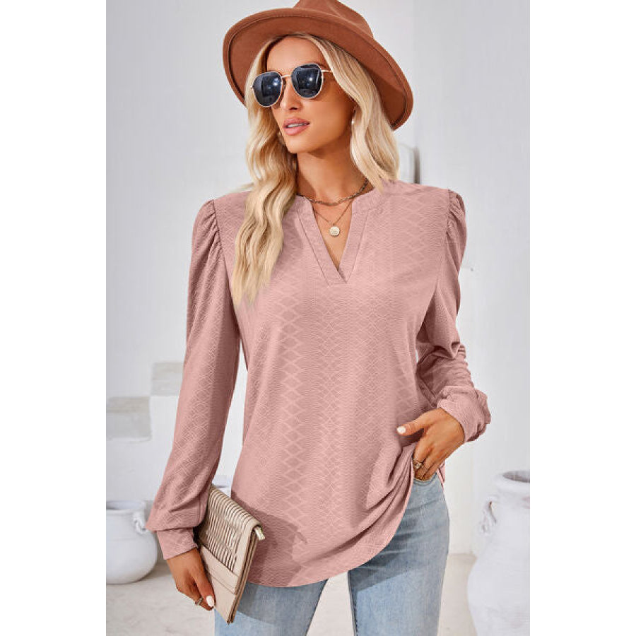 Ruched Notched Long Sleeve T - Shirt Apparel and Accessories