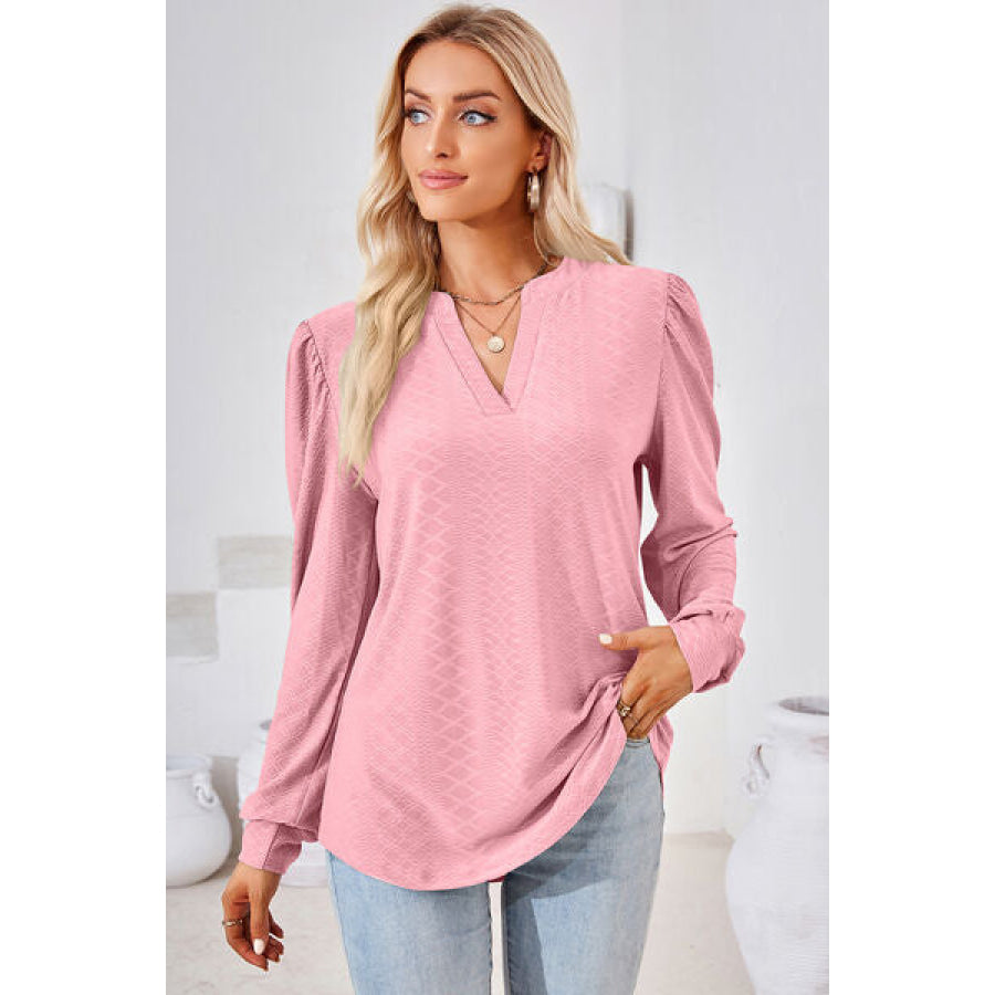 Ruched Notched Long Sleeve T - Shirt Apparel and Accessories
