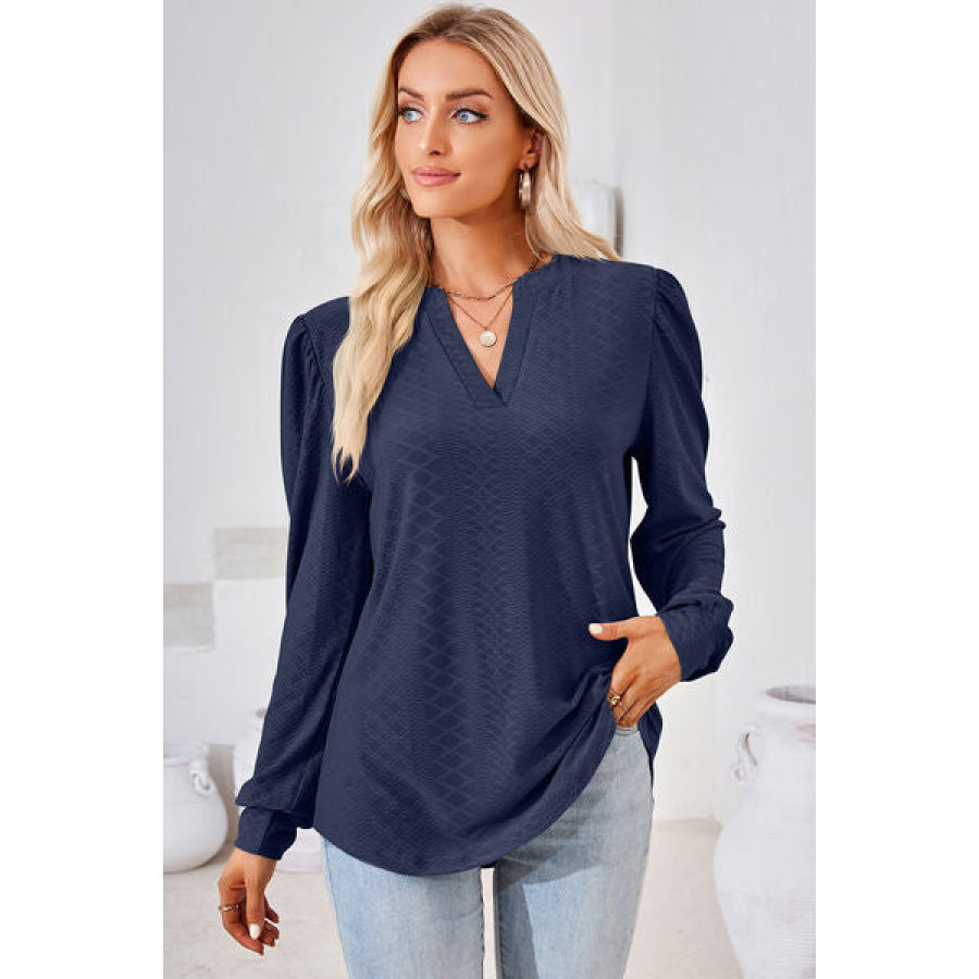 Ruched Notched Long Sleeve T - Shirt Apparel and Accessories