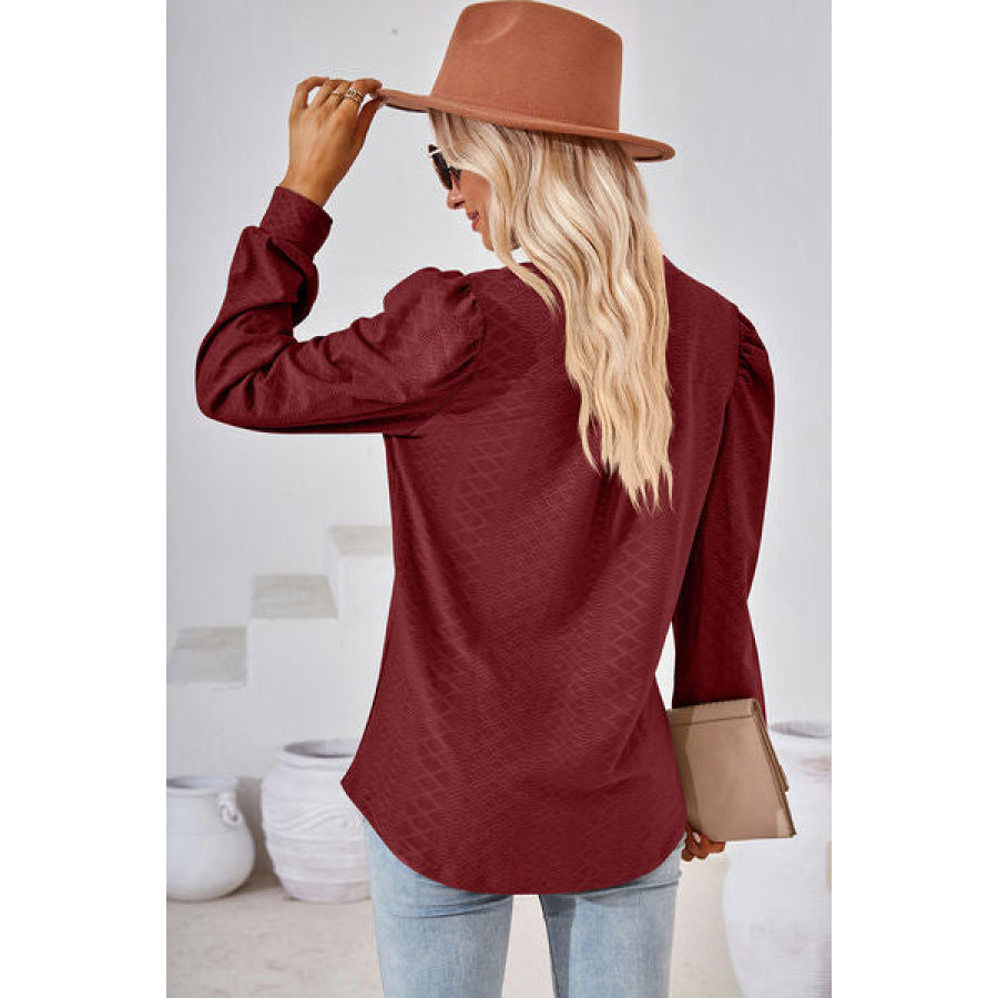 Ruched Notched Long Sleeve T - Shirt Apparel and Accessories
