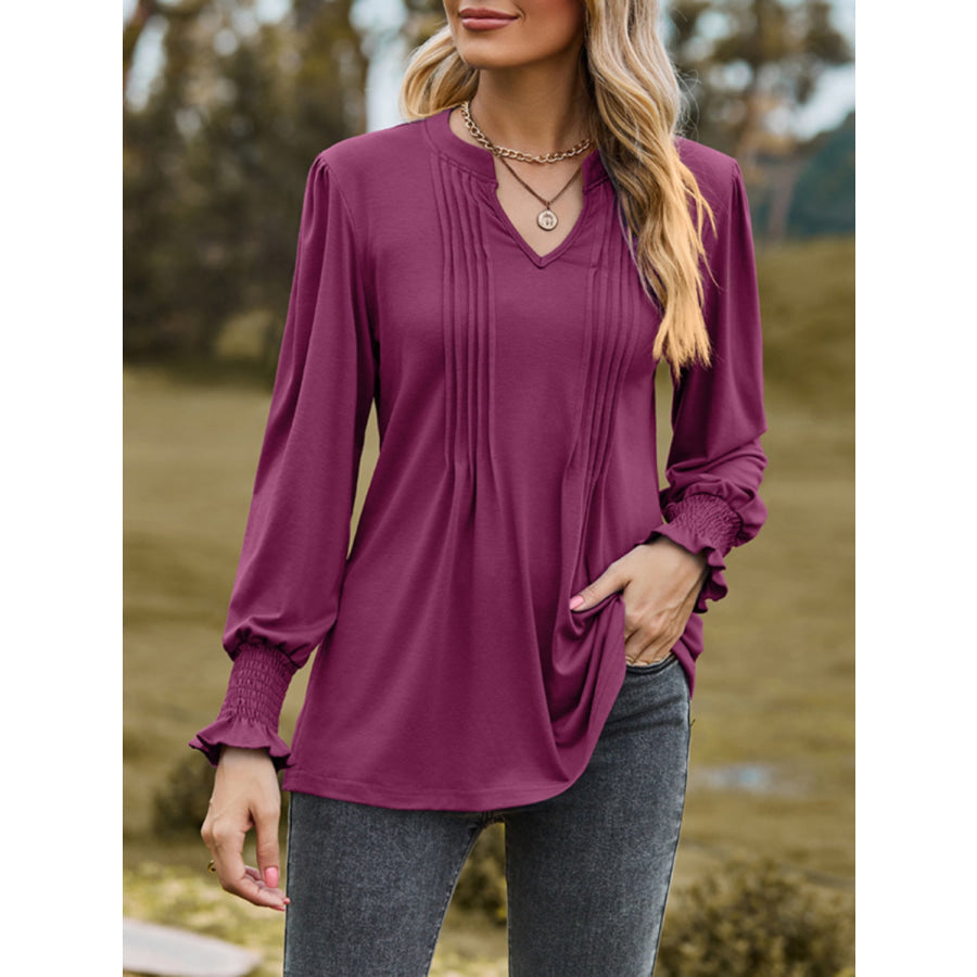 Ruched Notched Long Sleeve T-Shirt Apparel and Accessories