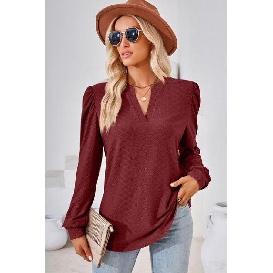 Ruched Notched Long Sleeve T - Shirt Apparel and Accessories