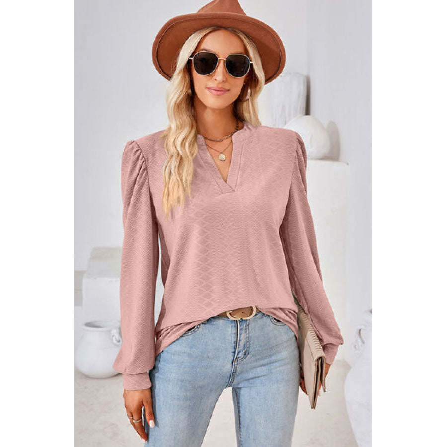 Ruched Notched Long Sleeve T - Shirt Apparel and Accessories