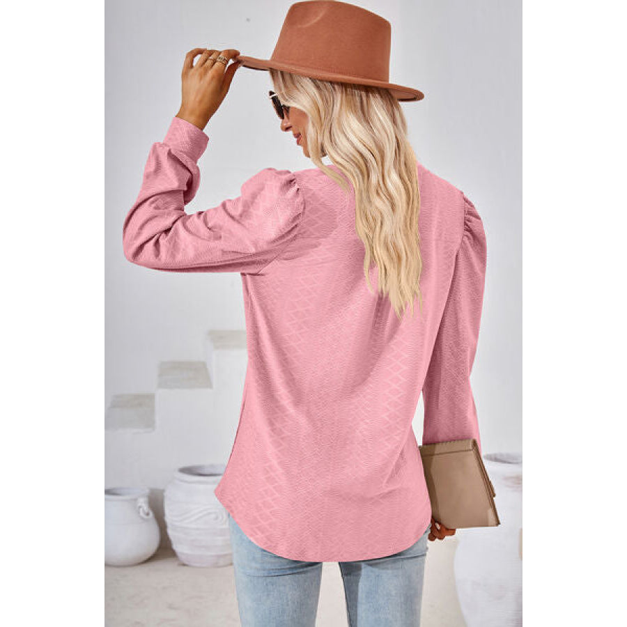 Ruched Notched Long Sleeve T - Shirt Apparel and Accessories