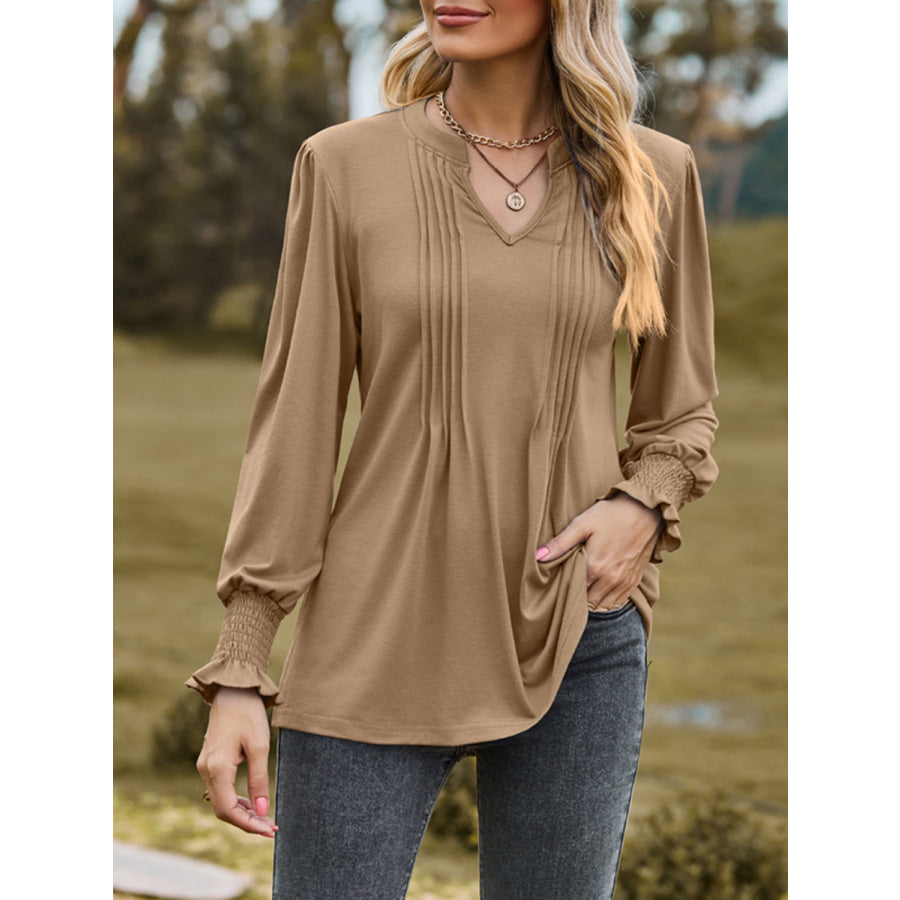 Ruched Notched Long Sleeve T-Shirt Apparel and Accessories