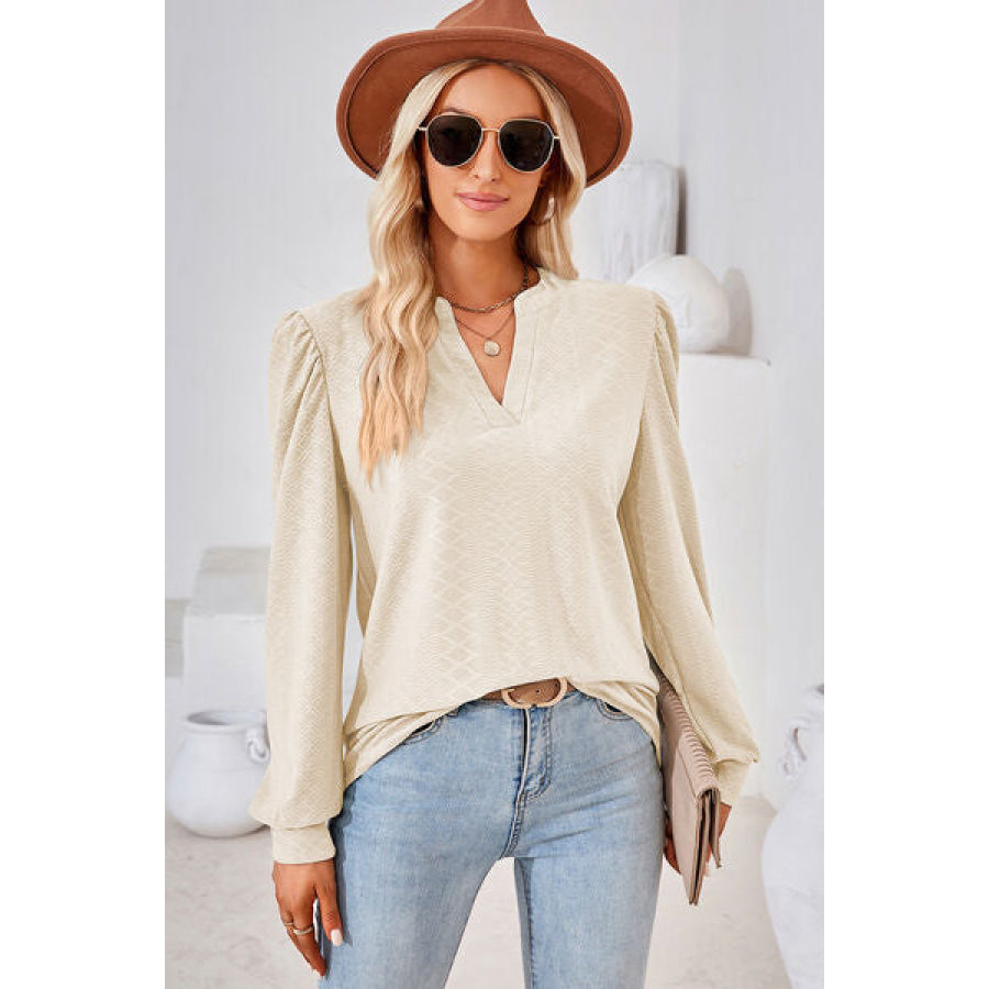 Ruched Notched Long Sleeve T - Shirt Apparel and Accessories