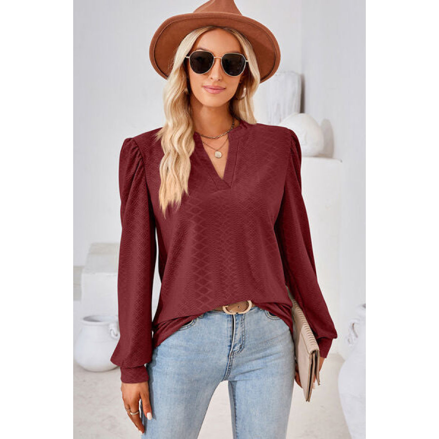 Ruched Notched Long Sleeve T - Shirt Apparel and Accessories