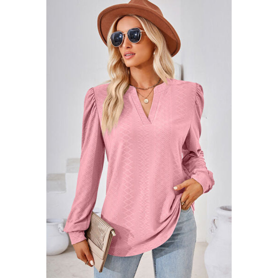 Ruched Notched Long Sleeve T - Shirt Apparel and Accessories