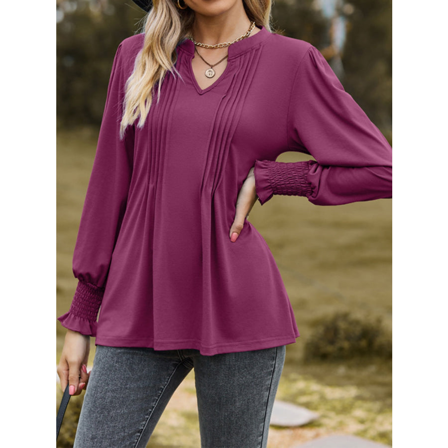 Ruched Notched Long Sleeve T-Shirt Apparel and Accessories