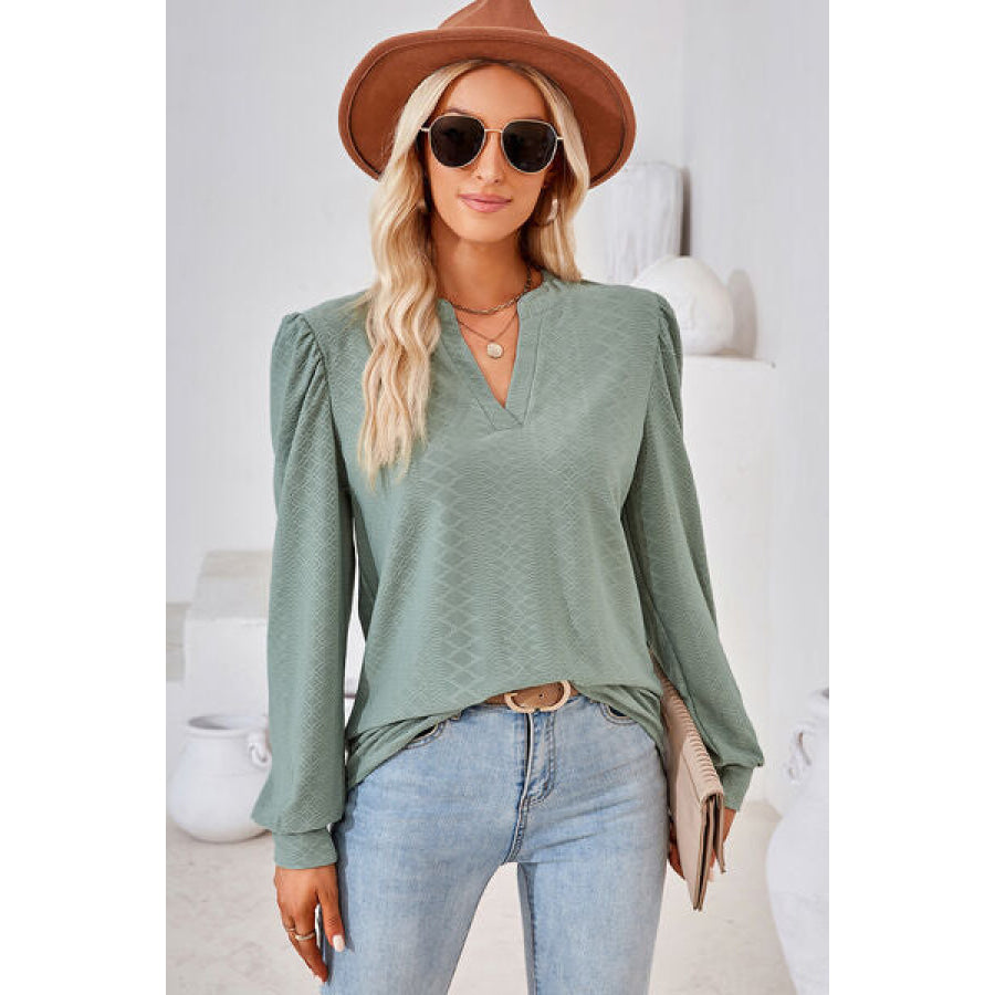 Ruched Notched Long Sleeve T - Shirt Apparel and Accessories