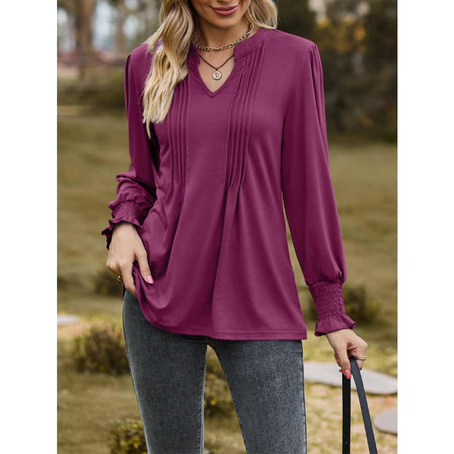 Ruched Notched Long Sleeve T-Shirt Apparel and Accessories