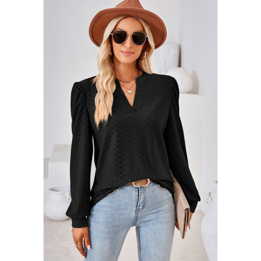 Ruched Notched Long Sleeve T - Shirt Black / S Apparel and Accessories