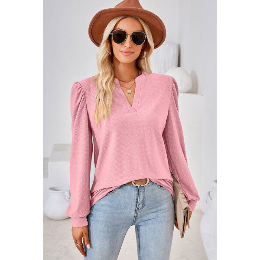 Ruched Notched Long Sleeve T - Shirt Blush Pink / S Apparel and Accessories