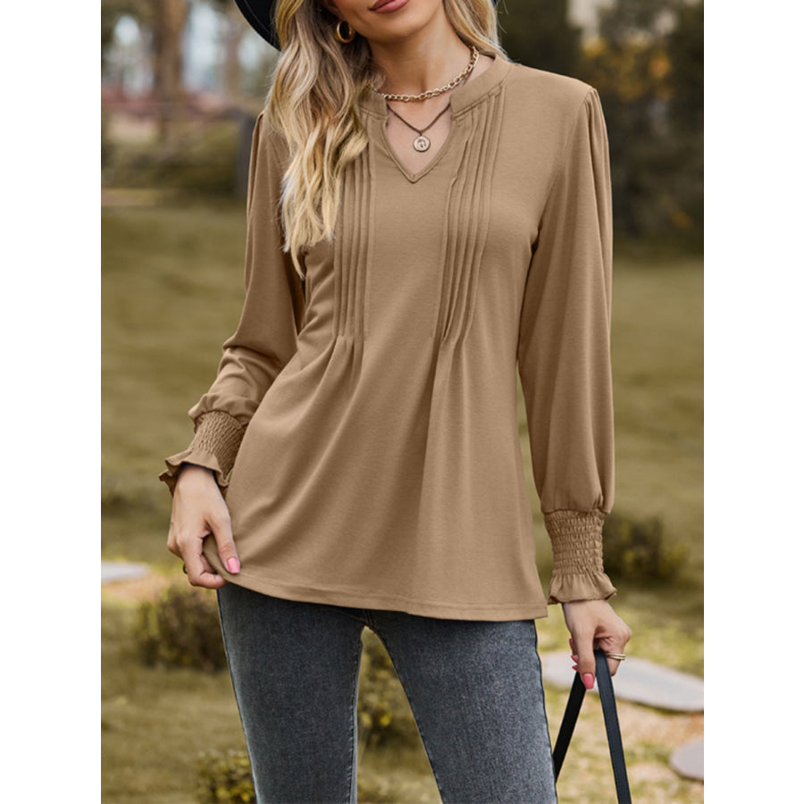 Ruched Notched Long Sleeve T-Shirt Camel / S Apparel and Accessories