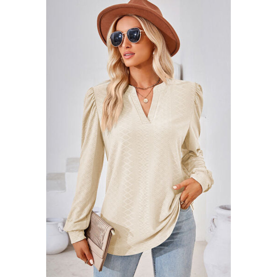 Ruched Notched Long Sleeve T - Shirt Cream / S Apparel and Accessories