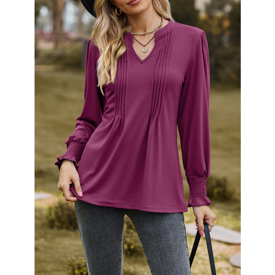 Ruched Notched Long Sleeve T-Shirt Deep Purple / S Apparel and Accessories