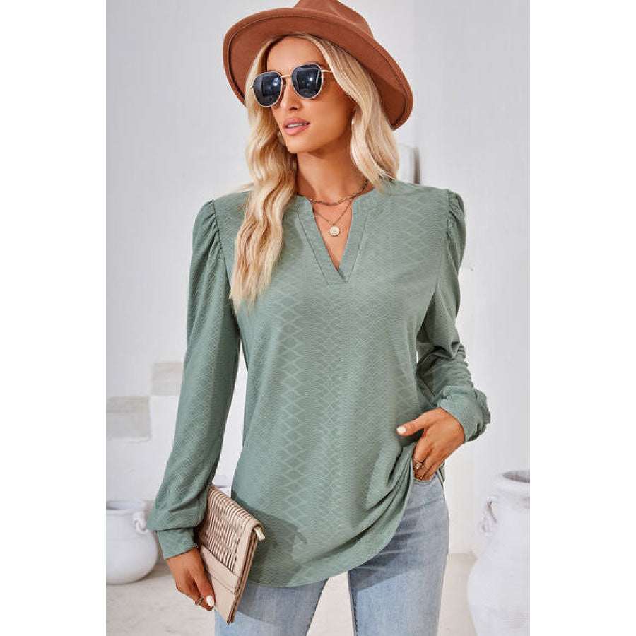 Ruched Notched Long Sleeve T - Shirt Gum Leaf / S Apparel and Accessories