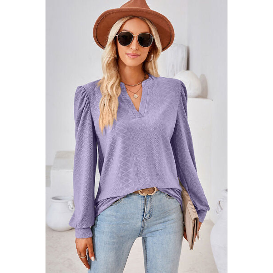 Ruched Notched Long Sleeve T - Shirt Periwinkle / S Apparel and Accessories