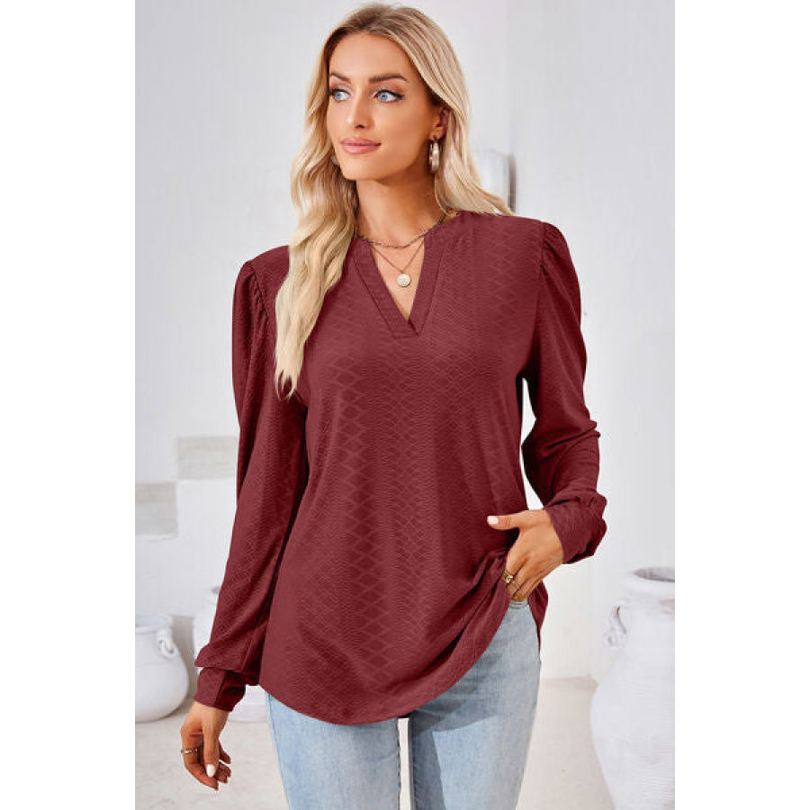 Ruched Notched Long Sleeve T - Shirt Wine / S Apparel and Accessories