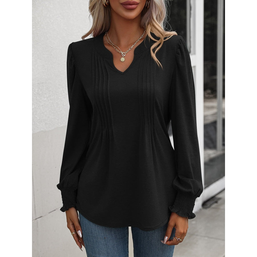 Ruched Notched Neck Puff Sleeve Smocked Wrist Blouse Black / S