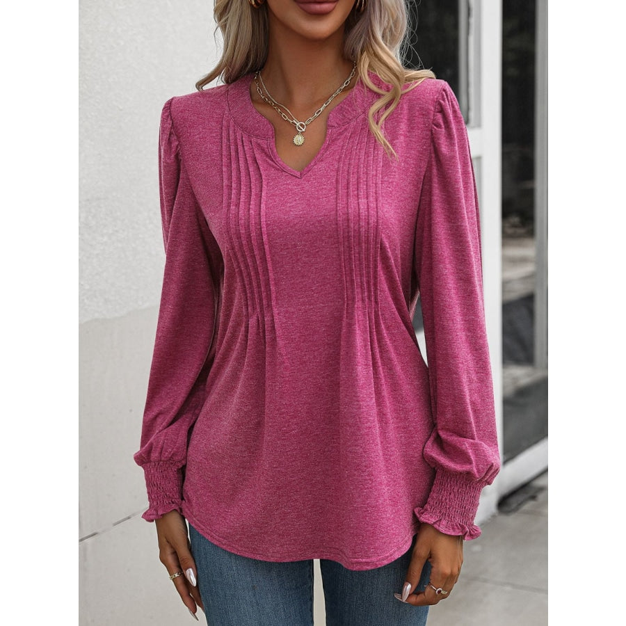 Ruched Notched Neck Puff Sleeve Smocked Wrist Blouse Deep Rose / S