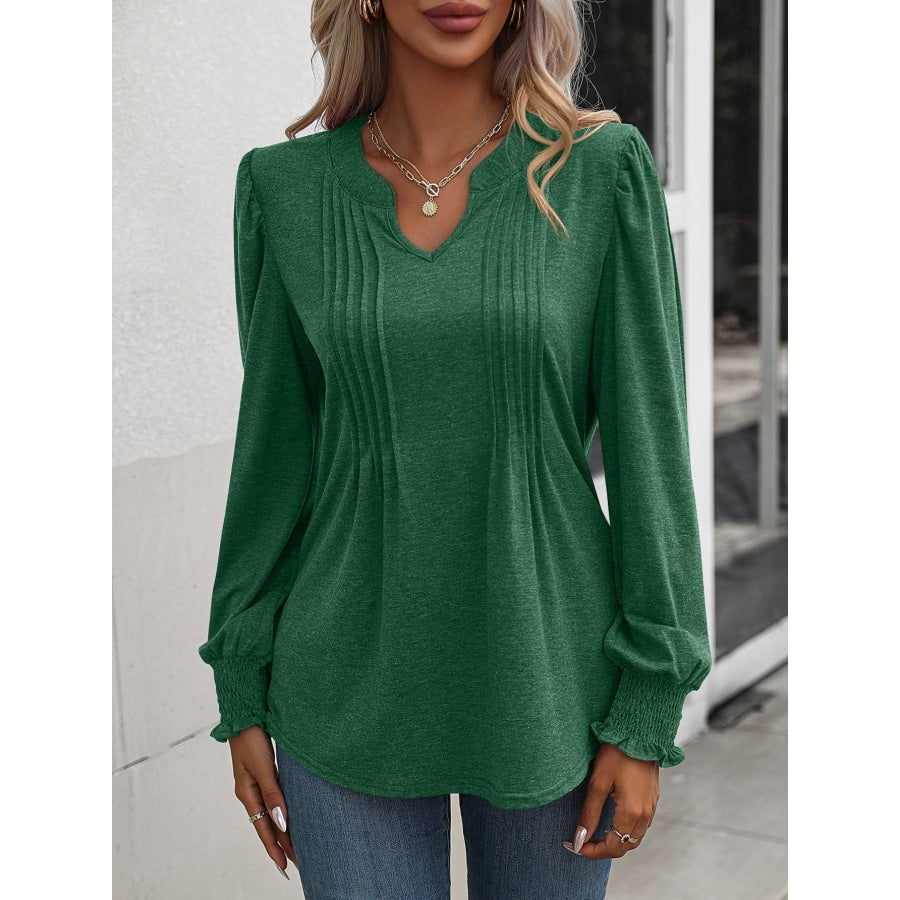 Ruched Notched Neck Puff Sleeve Smocked Wrist Blouse Green / S