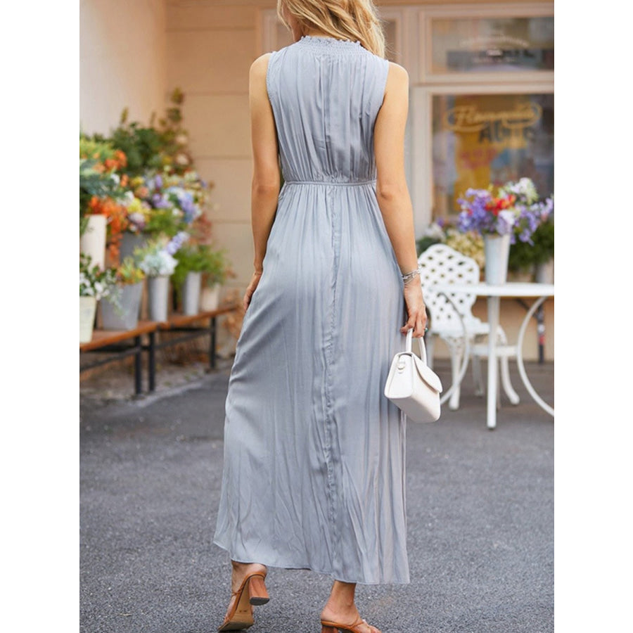 Ruched Notched Sleeveless Midi Dress Apparel and Accessories