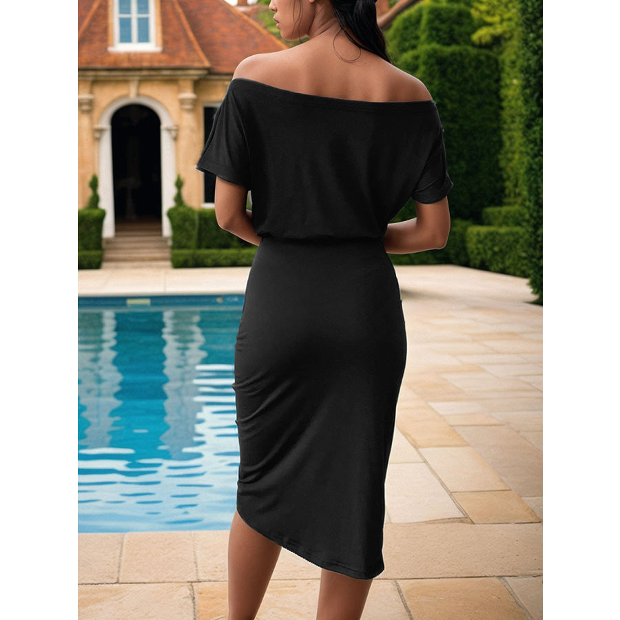 Ruched Off - Shoulder Dress Black / S Apparel and Accessories