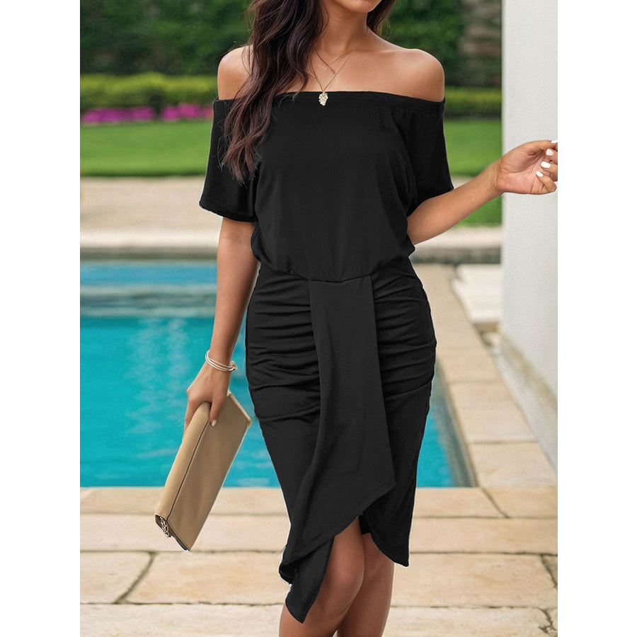 Ruched Off - Shoulder Dress Black / S Apparel and Accessories