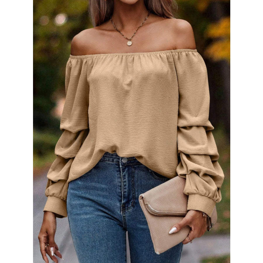 Ruched Off-Shoulder Long Sleeve Blouse Apparel and Accessories