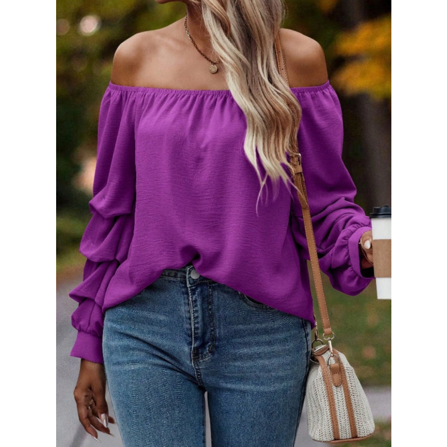 Ruched Off-Shoulder Long Sleeve Blouse Apparel and Accessories