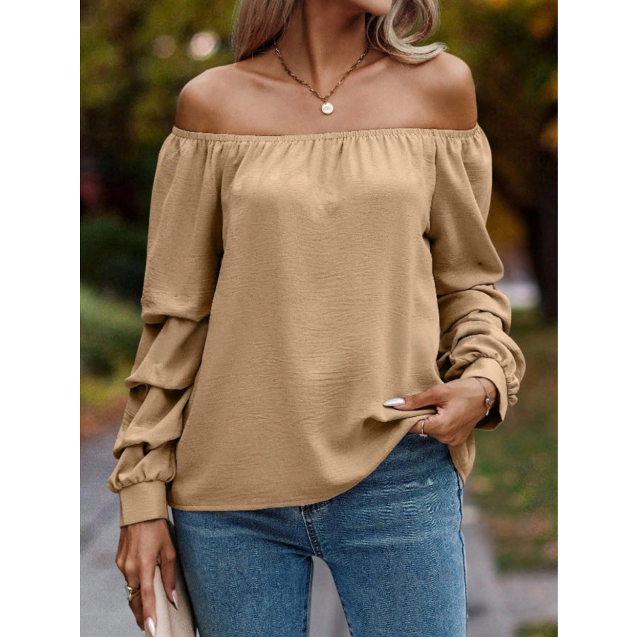 Ruched Off-Shoulder Long Sleeve Blouse Camel / S Apparel and Accessories