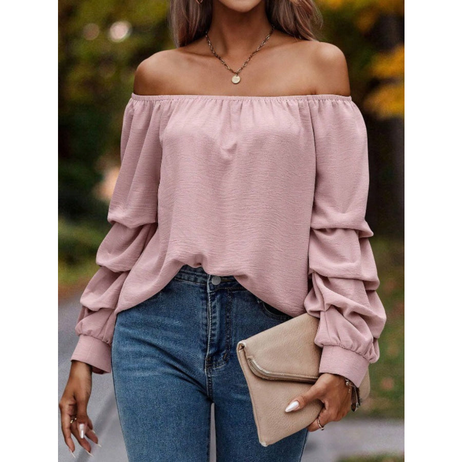 Ruched Off-Shoulder Long Sleeve Blouse Dusty Pink / S Apparel and Accessories