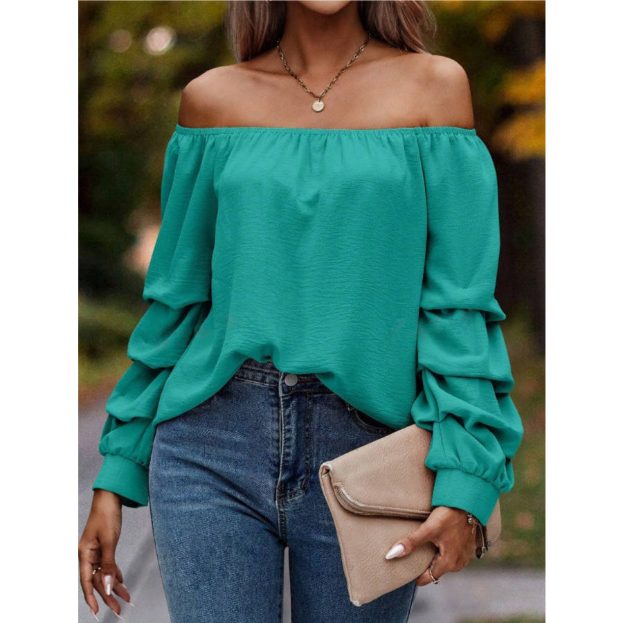 Ruched Off-Shoulder Long Sleeve Blouse Turquoise / S Apparel and Accessories