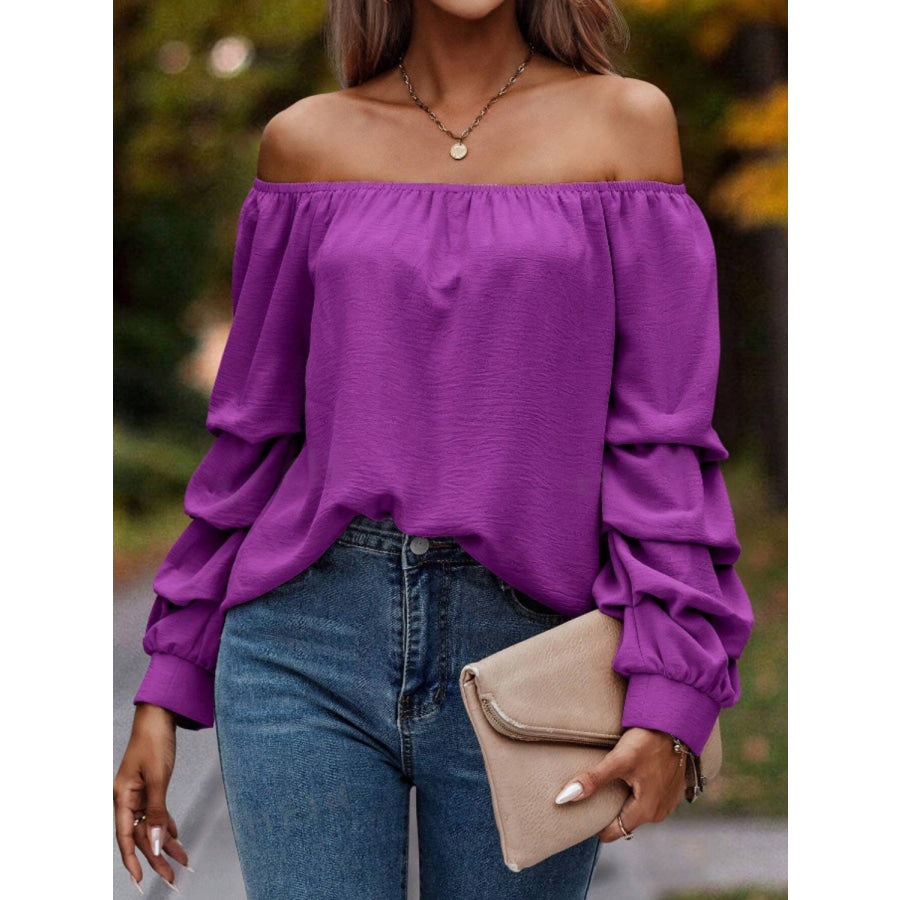 Ruched Off-Shoulder Long Sleeve Blouse Vivid Violet / S Apparel and Accessories