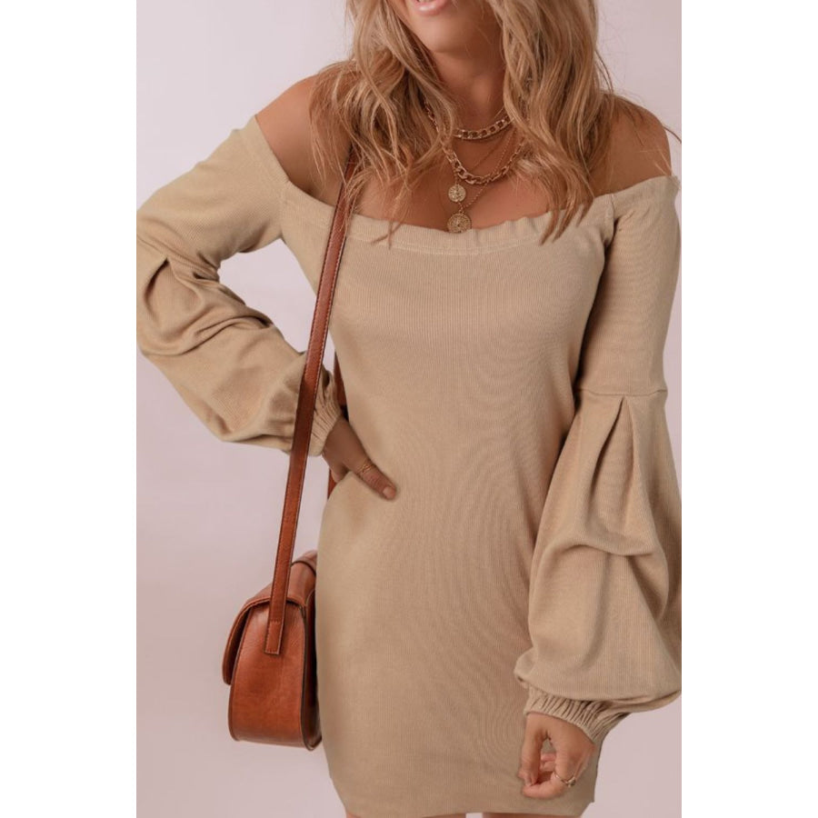 Ruched Off Shoulder Long Sleeve Dress Apricot / S Apparel and Accessories