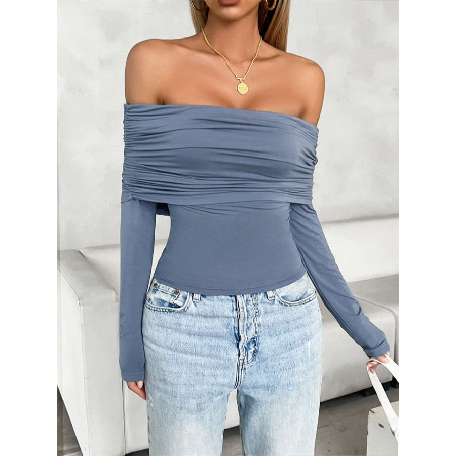 Ruched Off-Shoulder Long Sleeve T-Shirt Apparel and Accessories