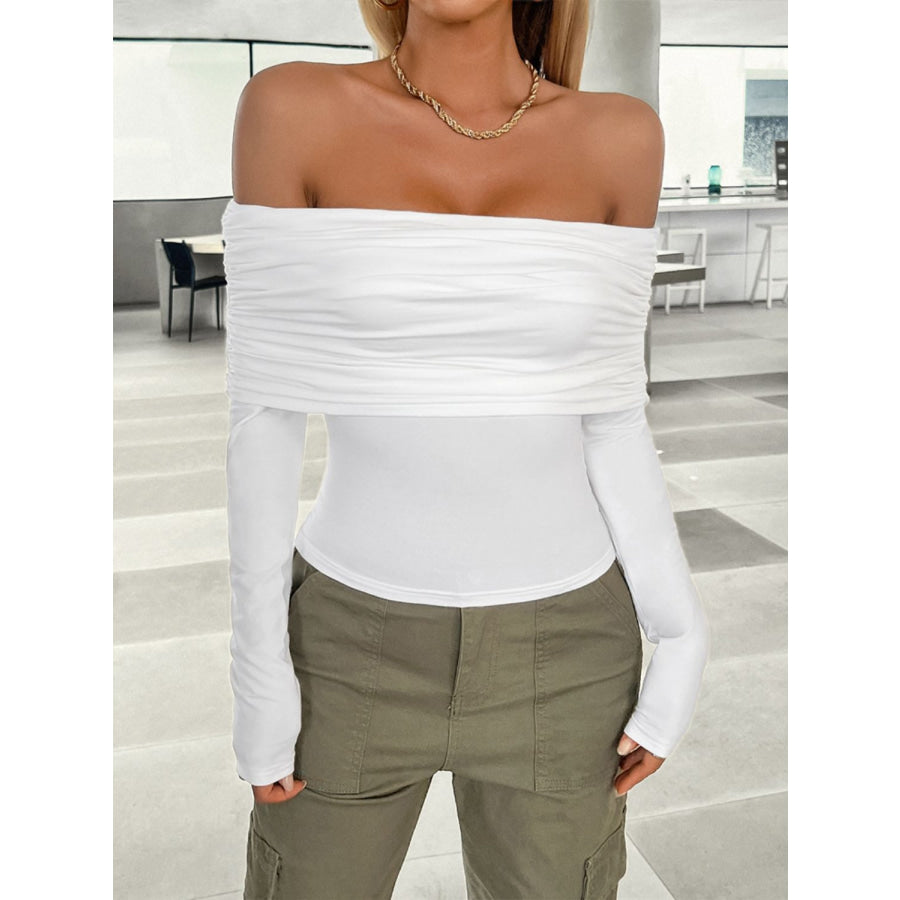 Ruched Off-Shoulder Long Sleeve T-Shirt Apparel and Accessories