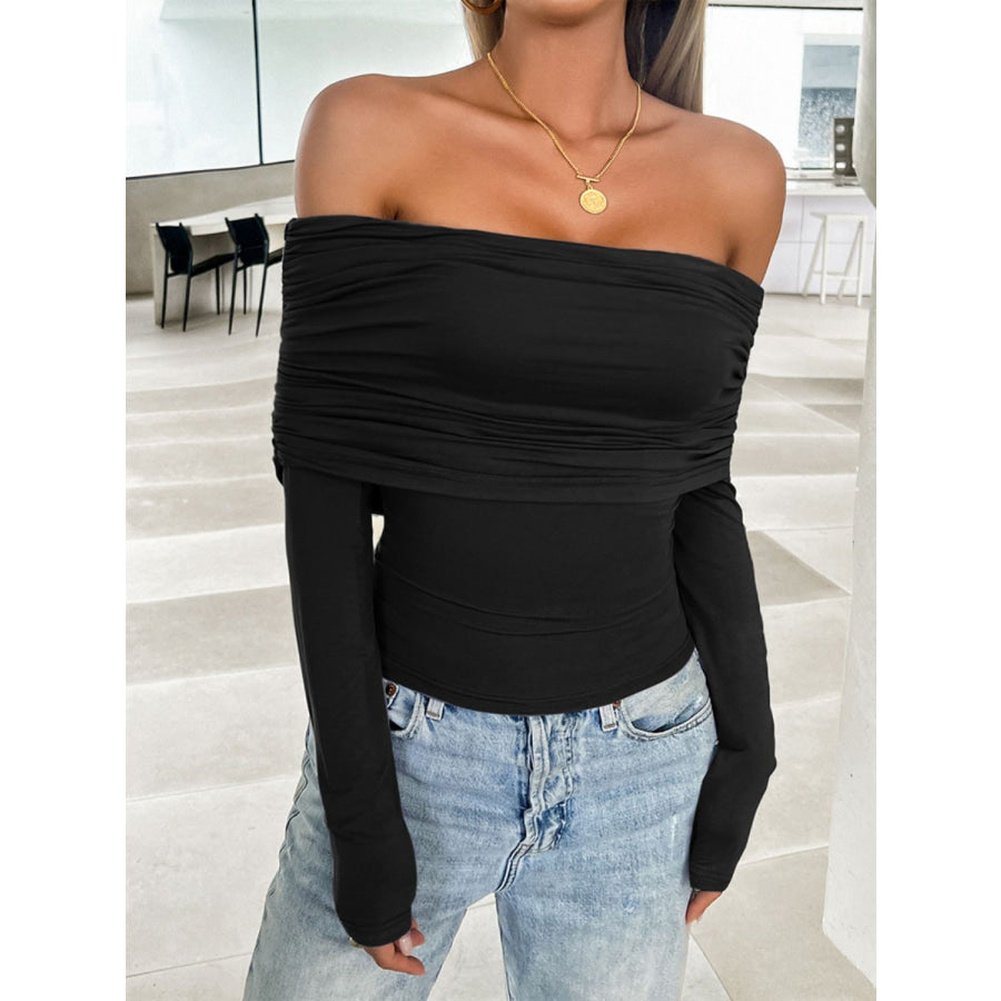 Ruched Off-Shoulder Long Sleeve T-Shirt Apparel and Accessories