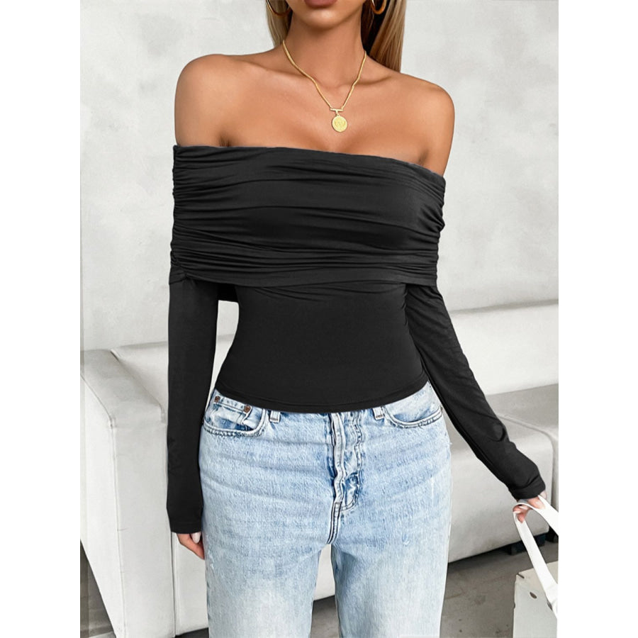 Ruched Off-Shoulder Long Sleeve T-Shirt Apparel and Accessories