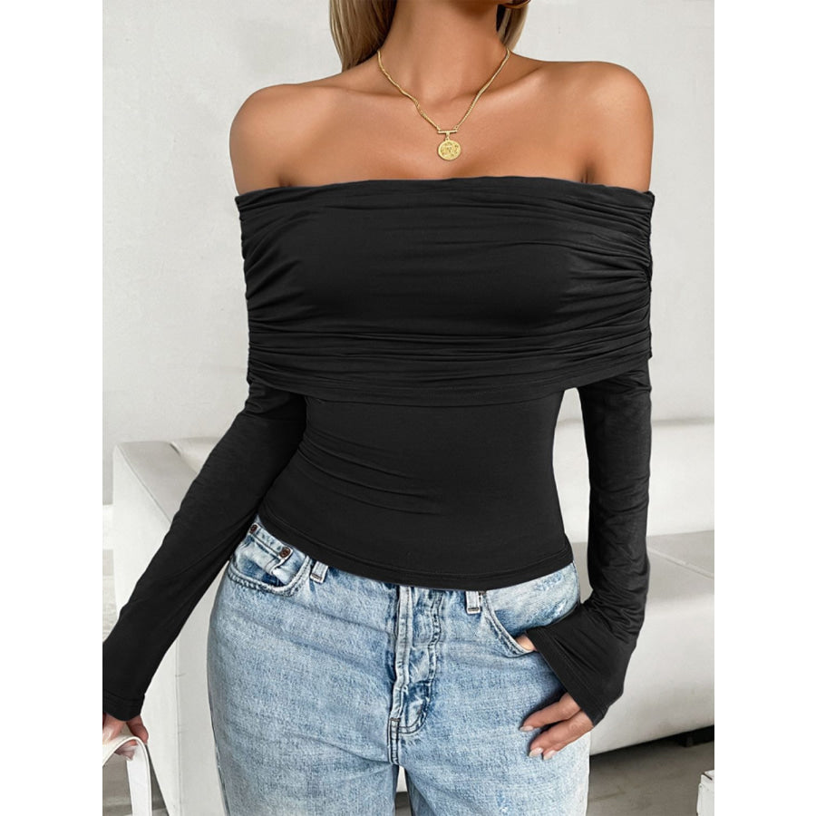 Ruched Off-Shoulder Long Sleeve T-Shirt Black / S Apparel and Accessories
