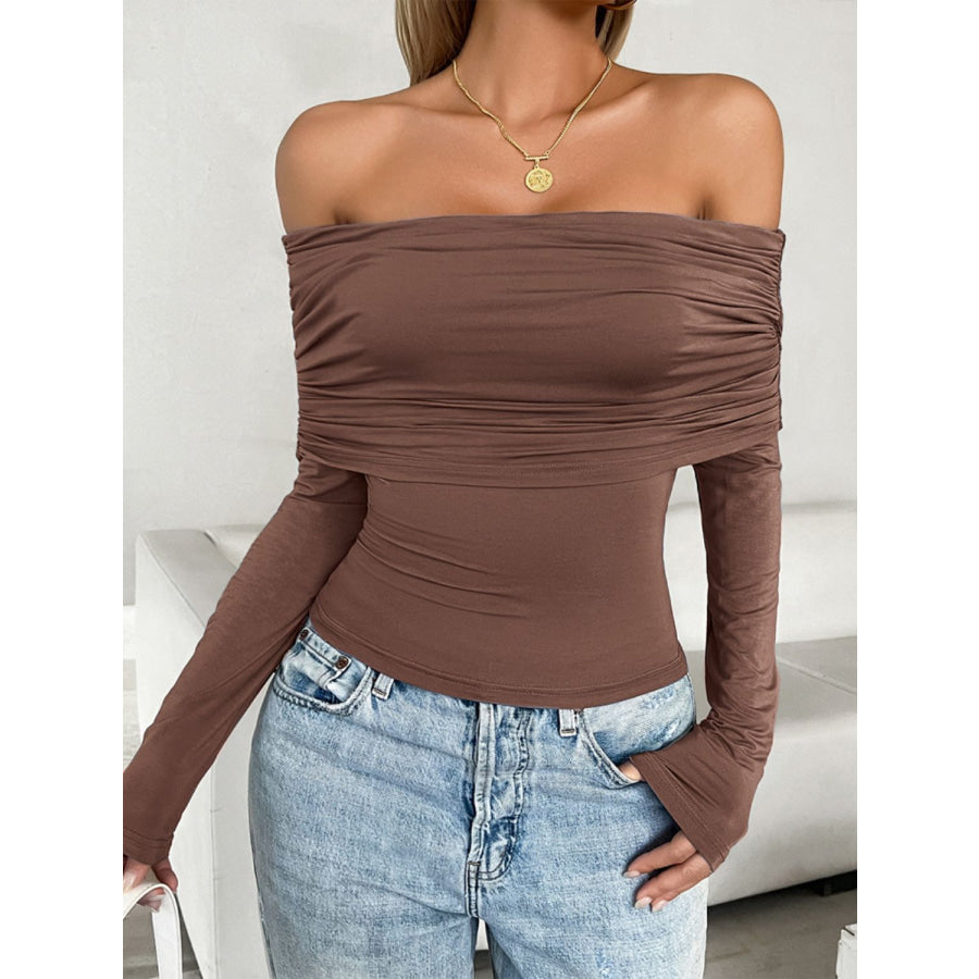 Ruched Off-Shoulder Long Sleeve T-Shirt Dark Brown / S Apparel and Accessories