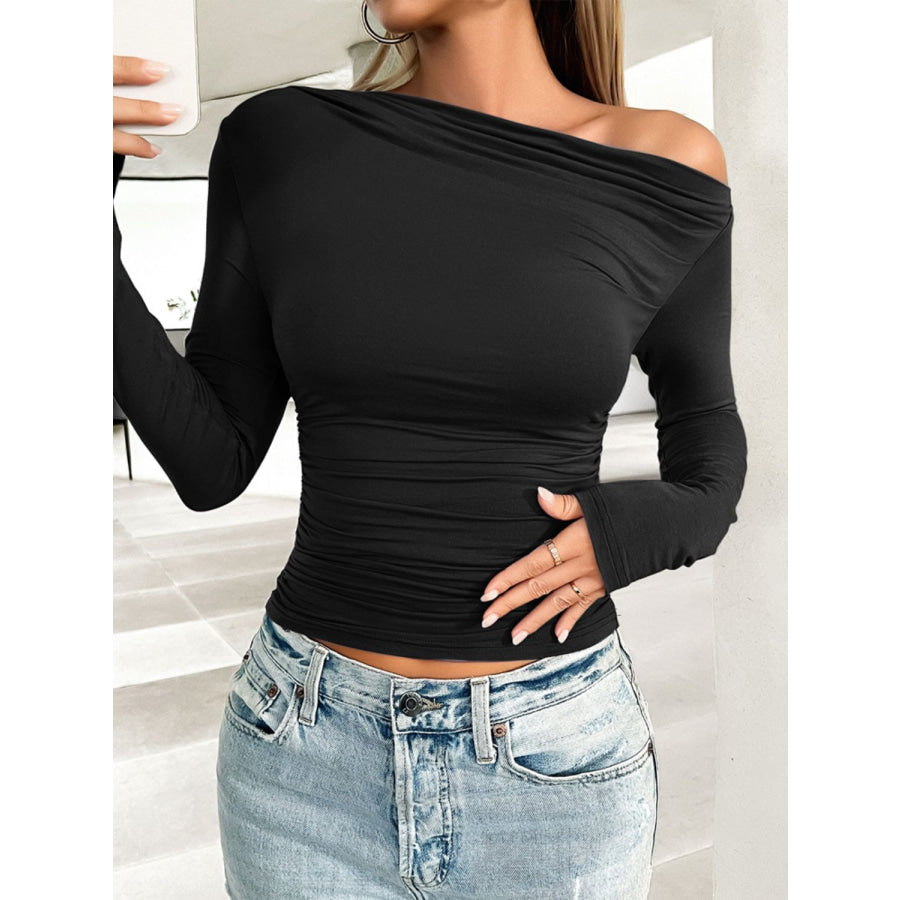 Ruched One Shoulder Long Sleeve T-Shirt Apparel and Accessories