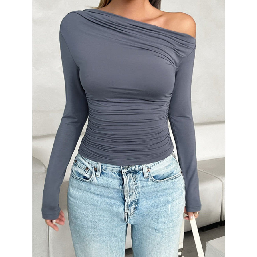Ruched One Shoulder Long Sleeve T-Shirt Apparel and Accessories
