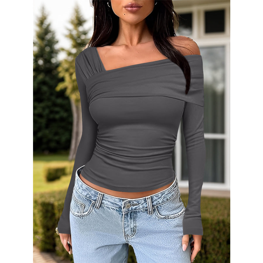 Ruched One Shoulder Long Sleeve T-Shirt Apparel and Accessories