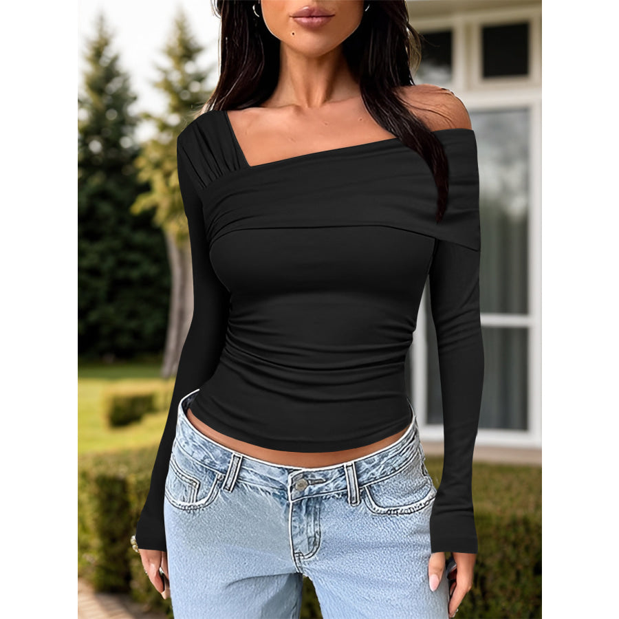 Ruched One Shoulder Long Sleeve T-Shirt Black / S Apparel and Accessories